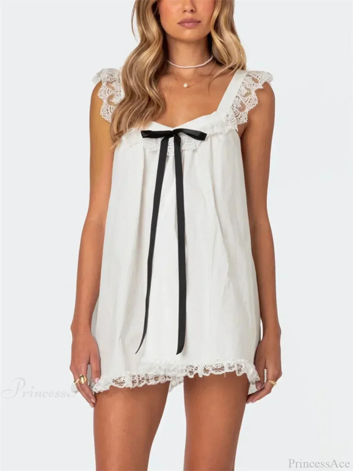 Lace Trim Ribbon Bow Ruffle Strap Babydoll Mini Dress