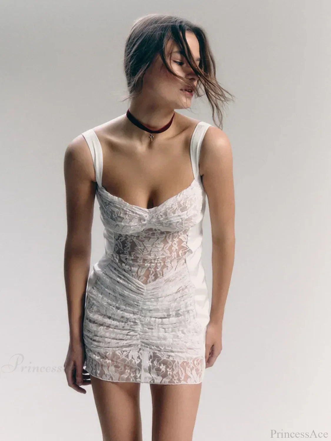 Lace Camisole Double Layer Ruched Front Square Neck Bodycon Mini Dress