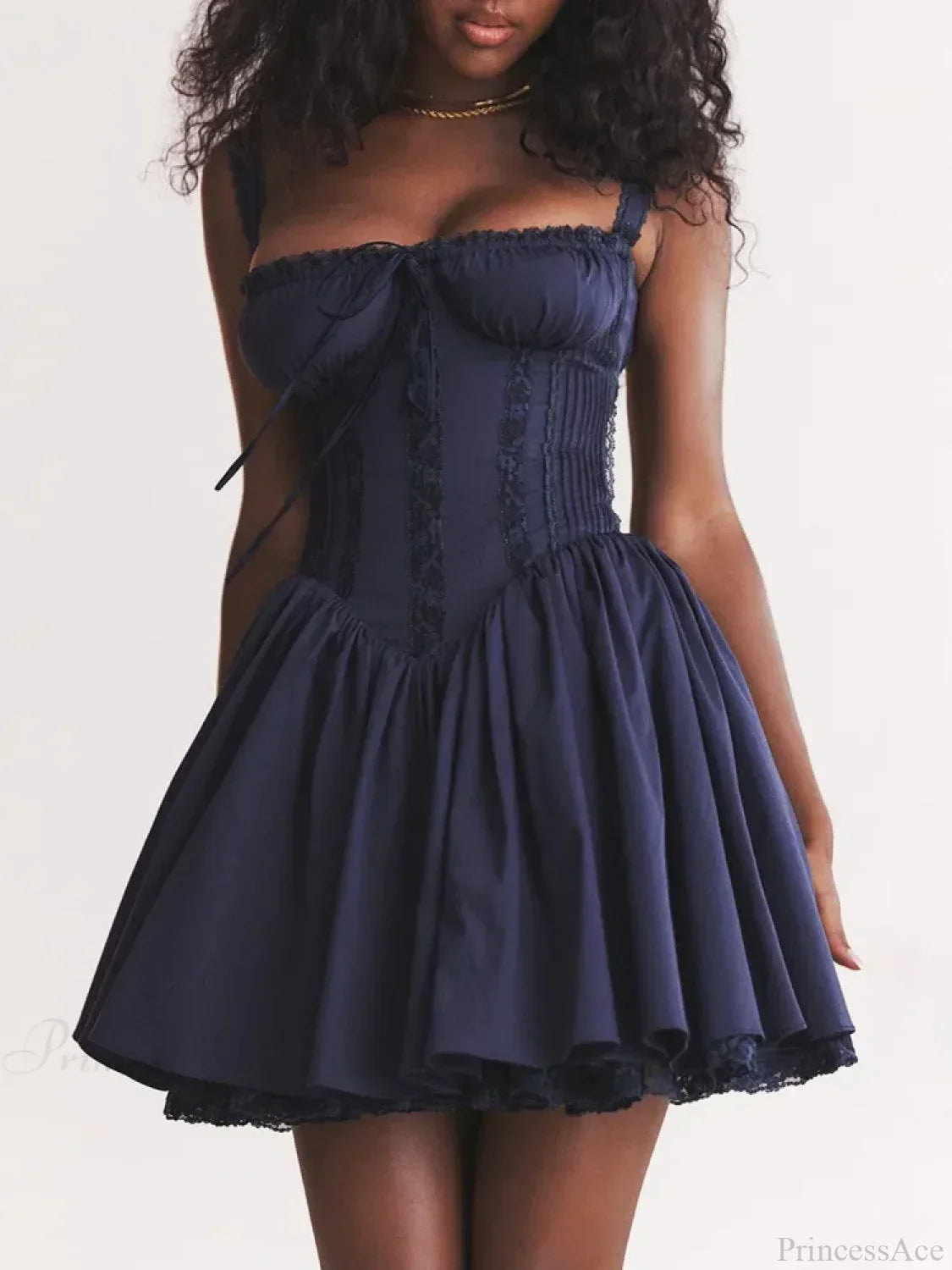 Lace Trim Corset Bow Front Milkmaid A-Line Strap Mini Dress