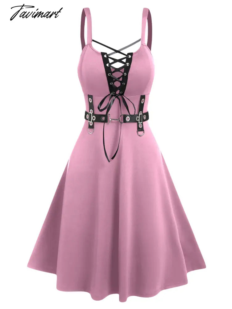Lace Up Ruffle Straps Dress Sleeveless A Line Punk Style Knee Length Solid Black Dresses