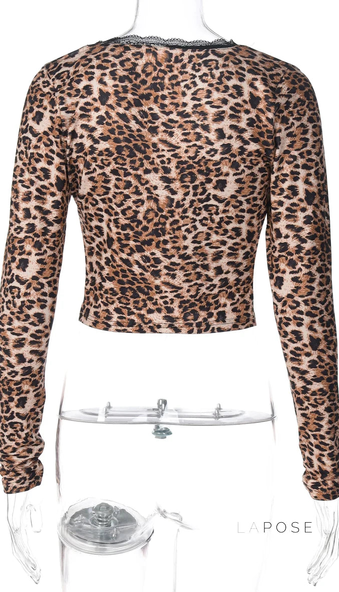 Aleksandra Leopard Lace-Up Cardigan Top