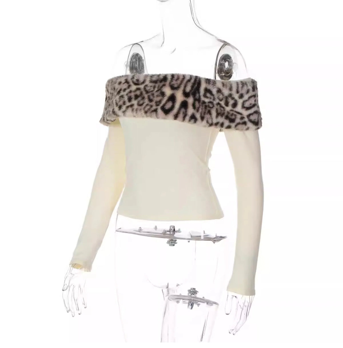 Leopard Print Fur Trim Off-Shoulder Top