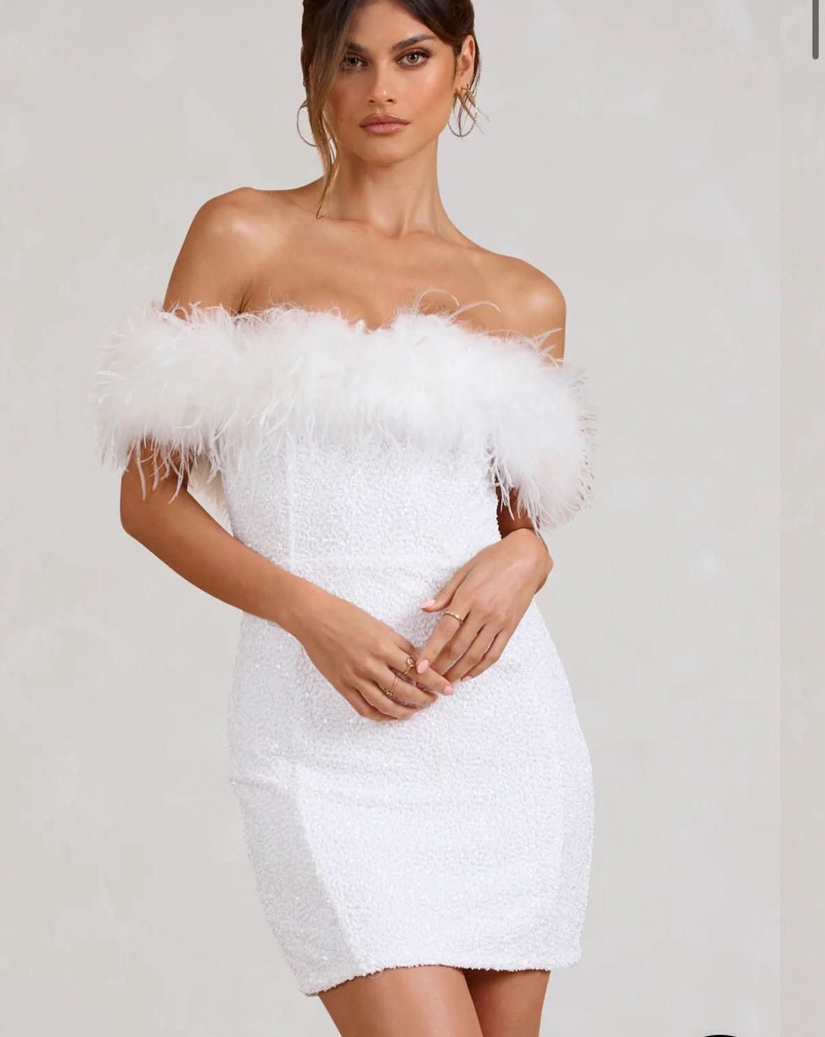 Off Shoulder Feather Trim Sequin Bodycon Mini Dress