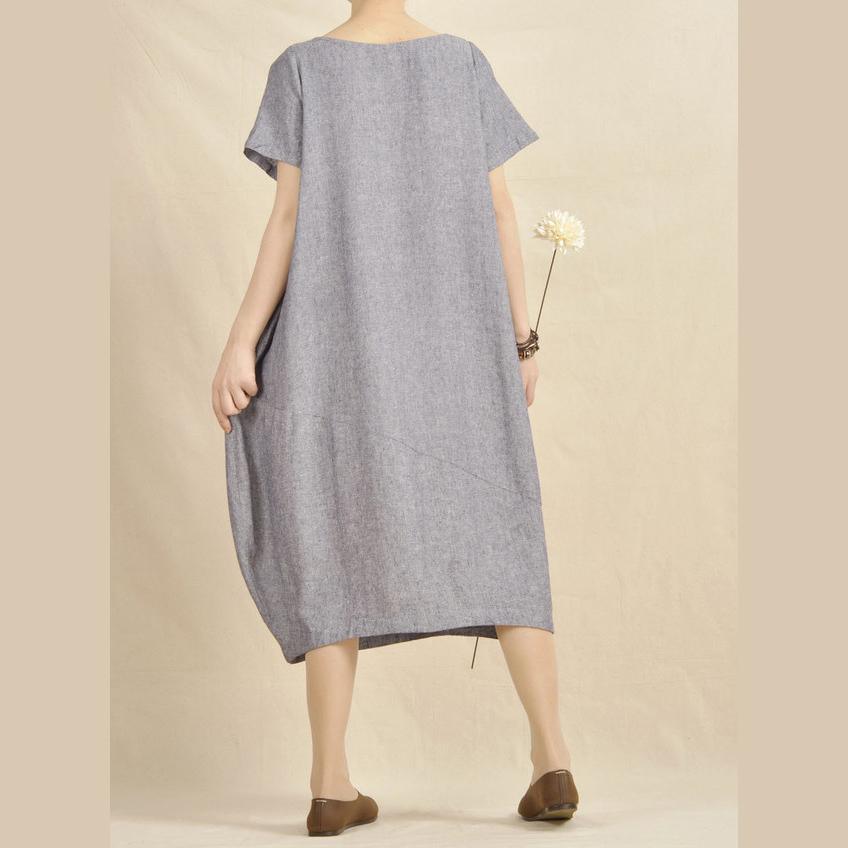 Scoop Neck Short Sleeve Pocket Asymmetrical Seam Cocoon Linen Midi Dress