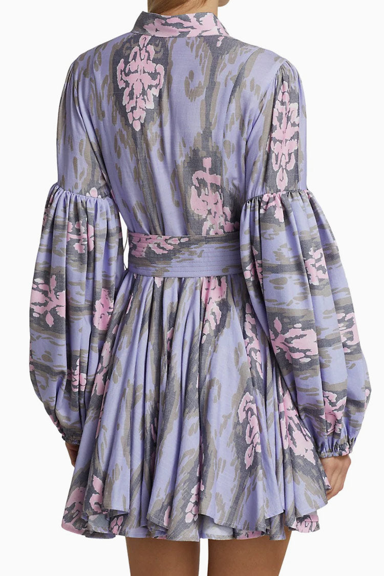 Ikat Print Puff Sleeve Tie Waist Button Front Shirt Mini Dress
