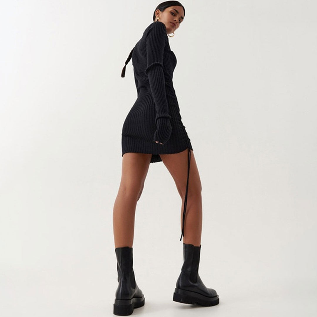 Mock Neck Ribbed Knit Thumbhole Drawstring Side Ruched Sweater Mini Dress