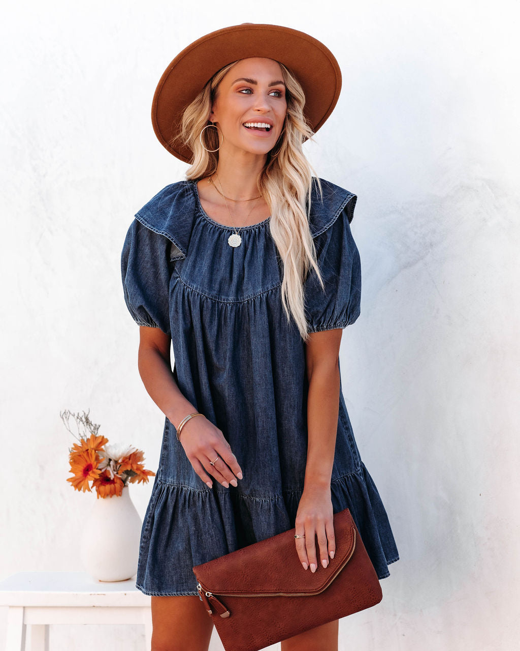 Ruffle Collar Puff Sleeve Tiered Denim Babydoll Mini Dress