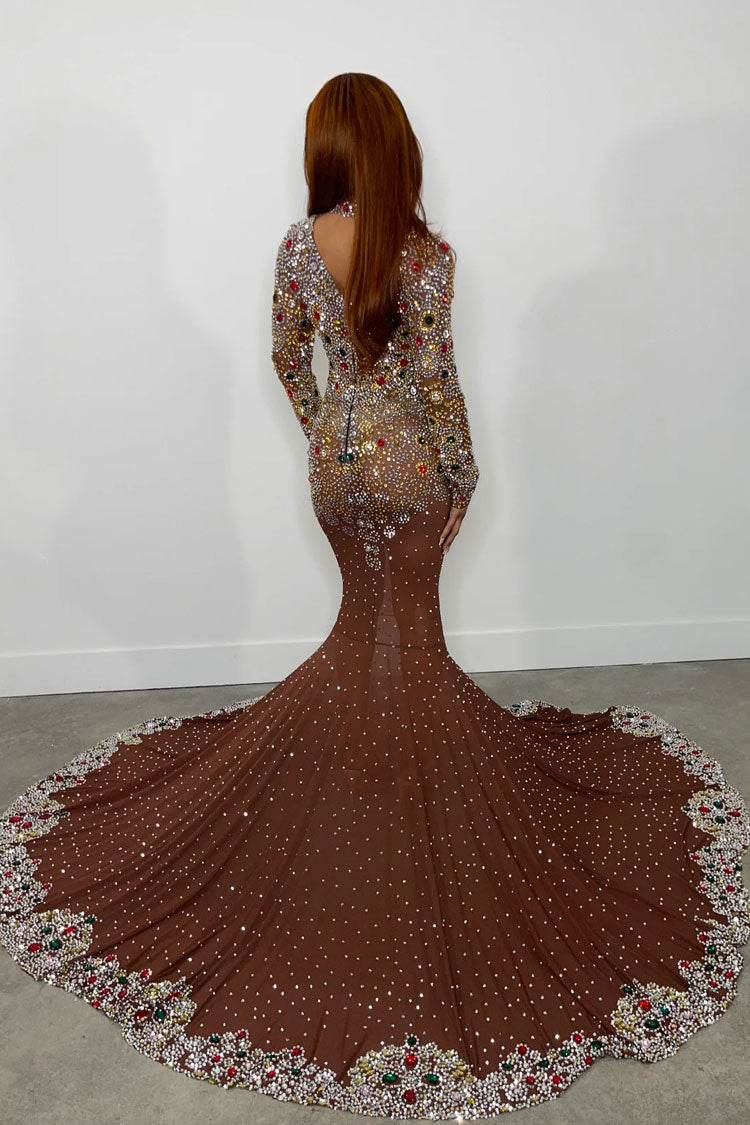 High Neck Long Sleeve Sheer Mesh Rhinestone Mermaid Train Maxi Gown