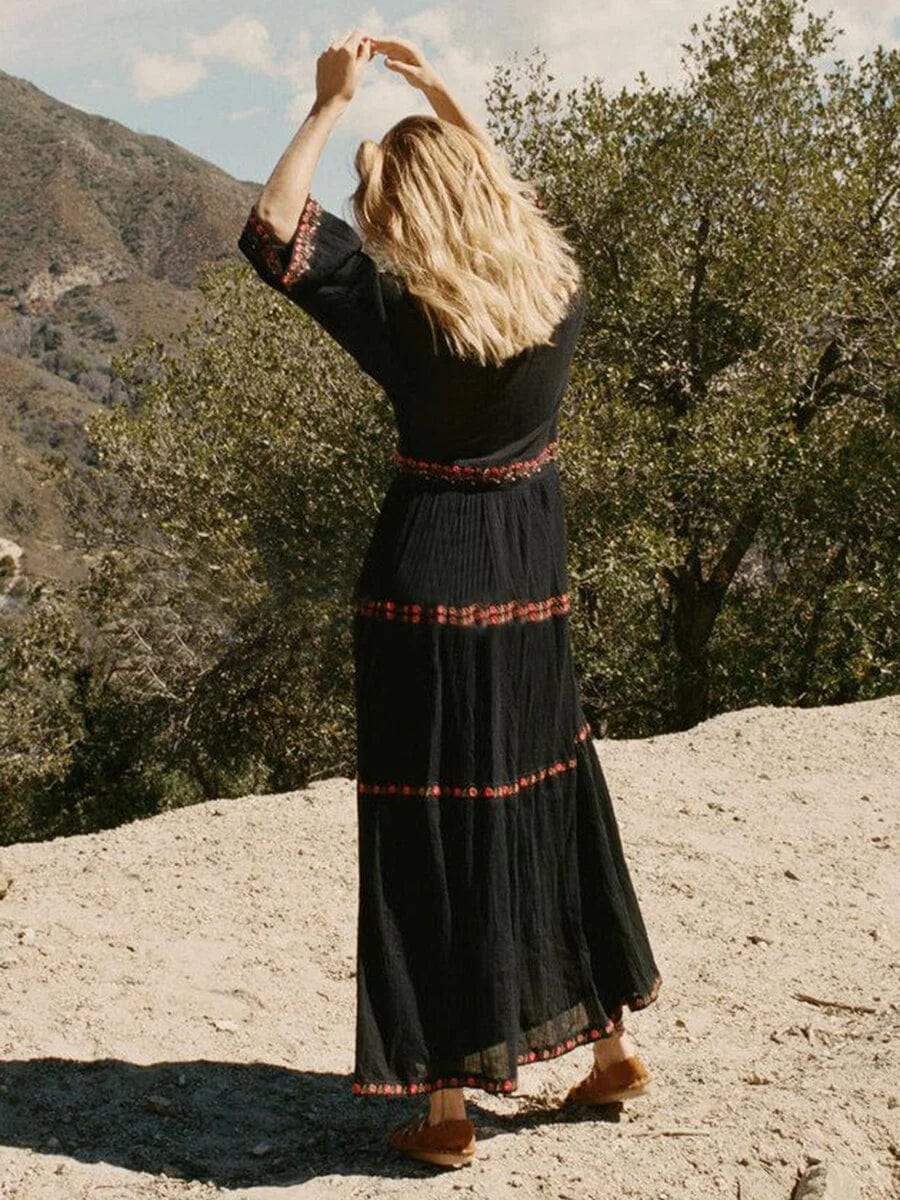 Deep V Embroidered Bell Sleeve Tier Boho Maxi Dress