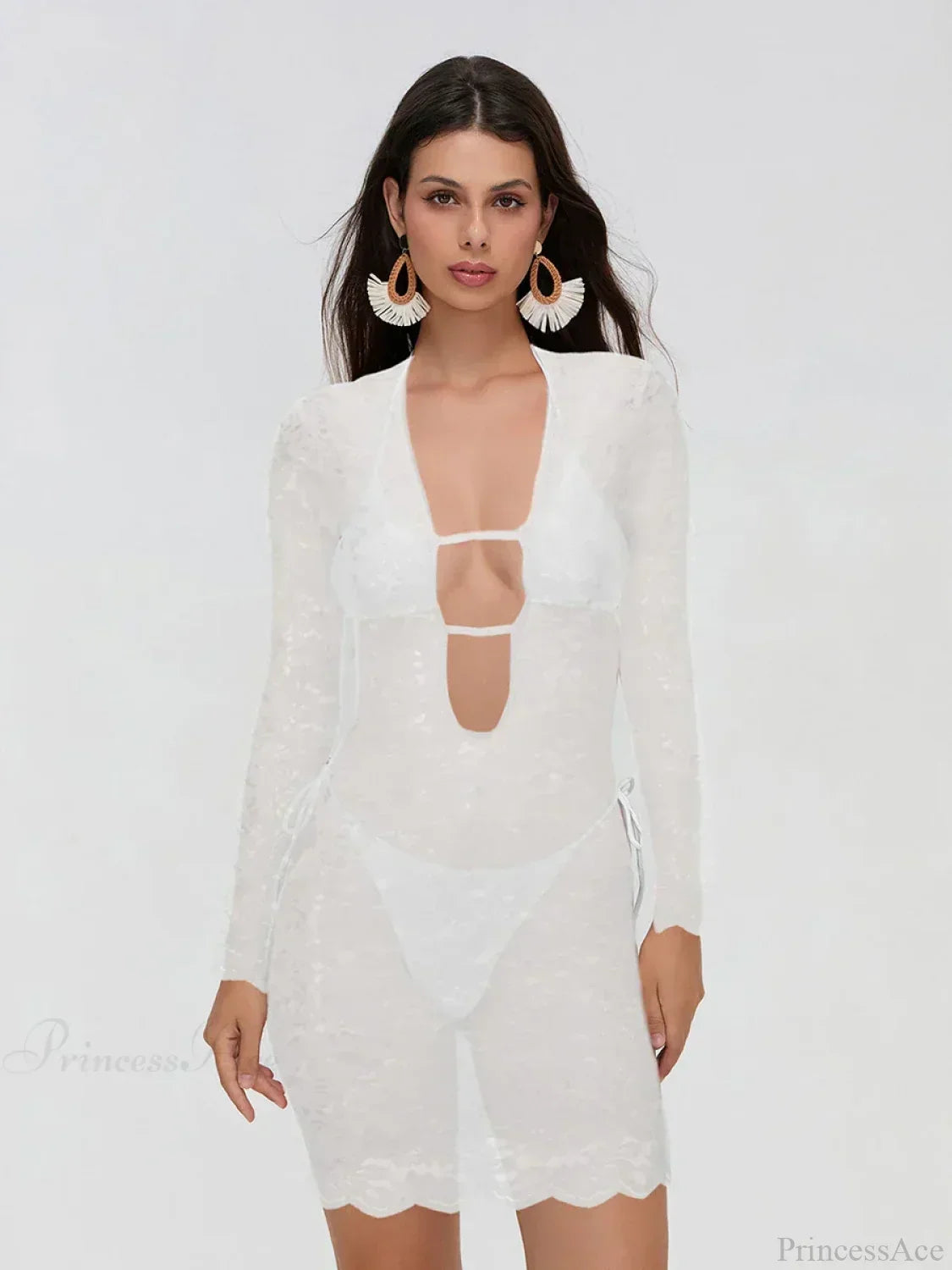 Floral Lace Long Sleeve Deep V Strappy Cutout Bodycon Mini Dress