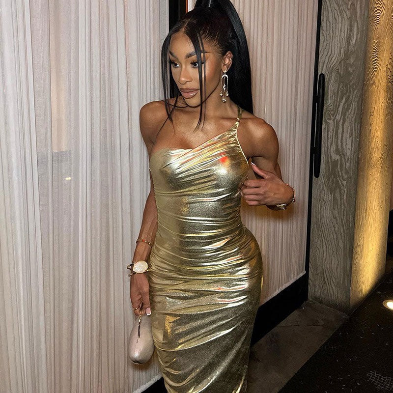 One Shoulder Ruched Metallic Bodycon Maxi Dress