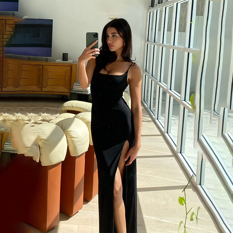 Square Neck Spaghetti Strap Lace Trim High Slit Slip Maxi Dress