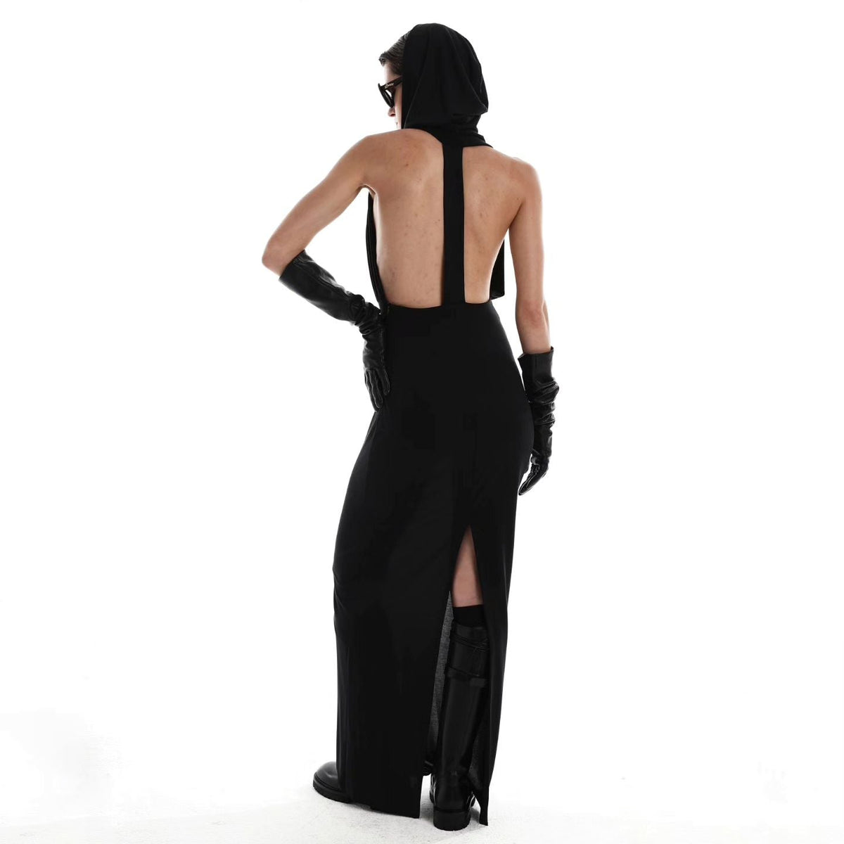 Hooded Open Back Center Strap Column Midi Dress
