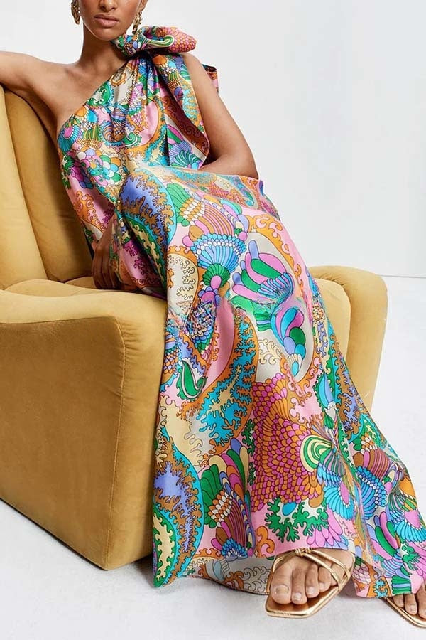 Rainbow Breeze Satin Unique Print Bow One Shoulder Loose Maxi Dress