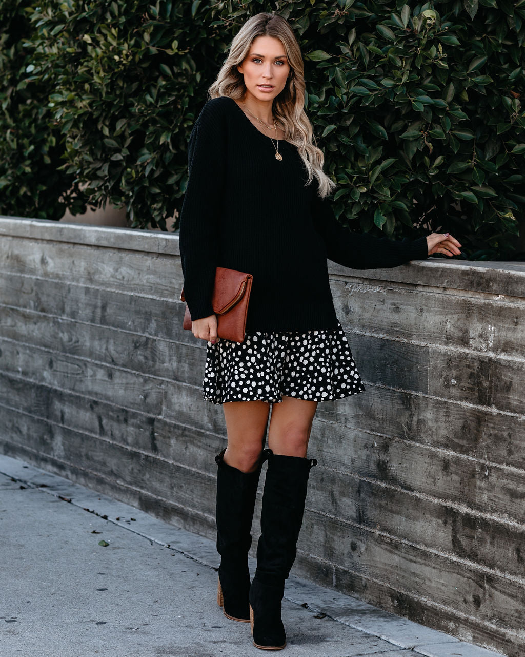 Rib Knit Sweater Layered Abstract Spot Print Ruffle Mini Dress