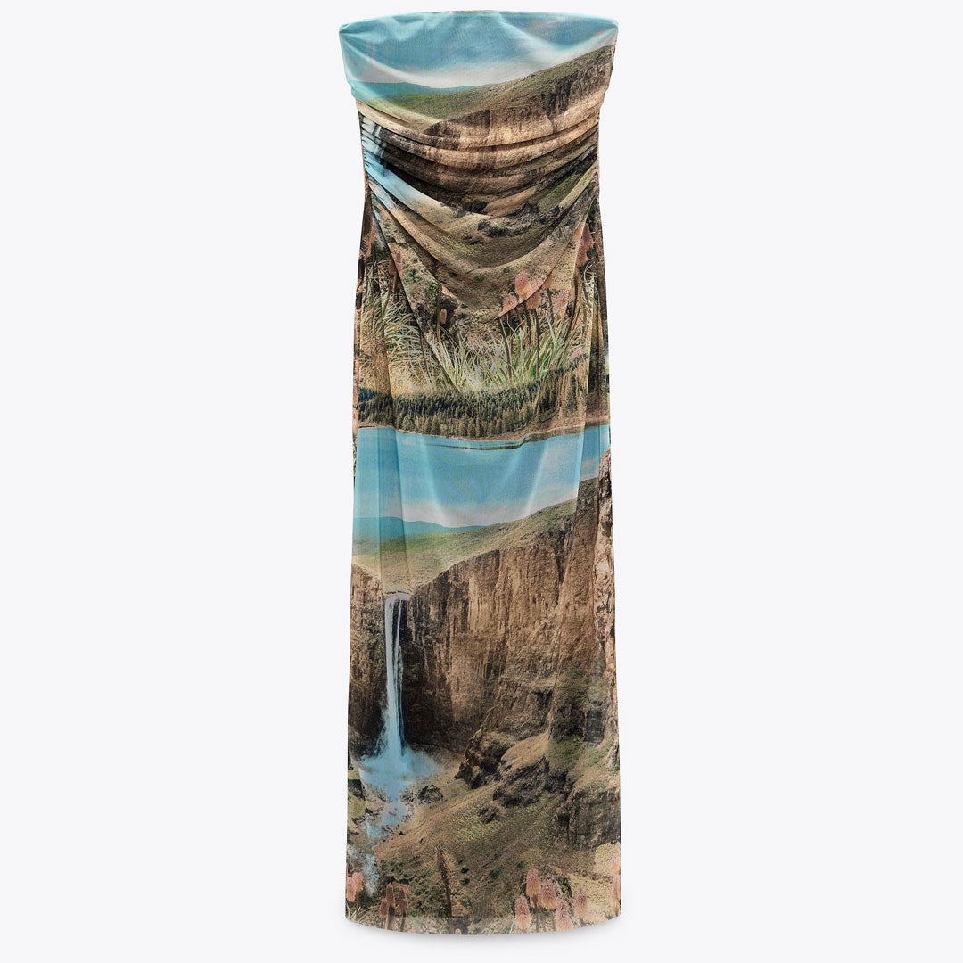 Scenic Landscape Print Strapless Bodycon Midi Tube Dress