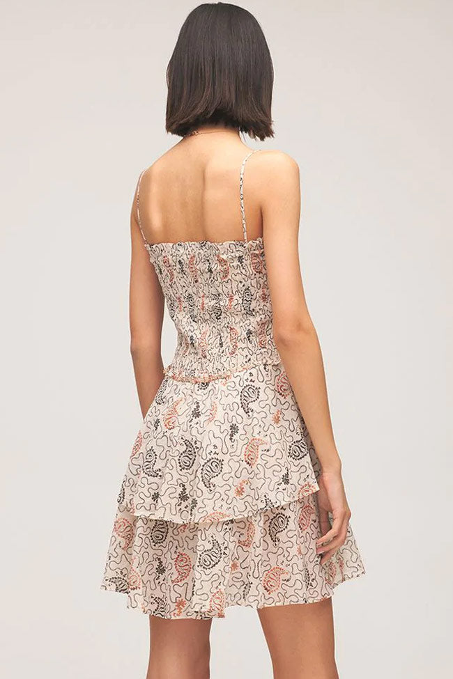 Spaghetti Strap Smocked Bodice Tiered Ruffle Abstract Print Mini Dress