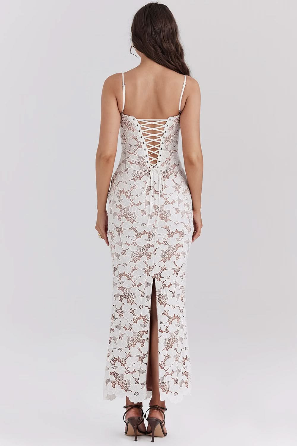 Spaghetti Strap Sweetheart Floral Lace Maxi Dress