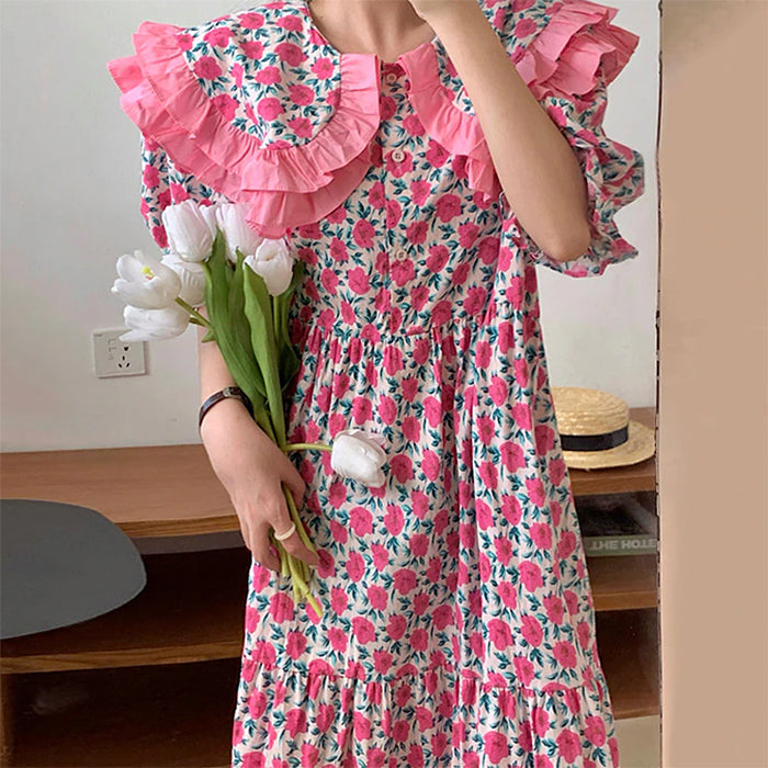 Floral Print Oversized Ruffled Collar Puff Sleeve Button Front Dress