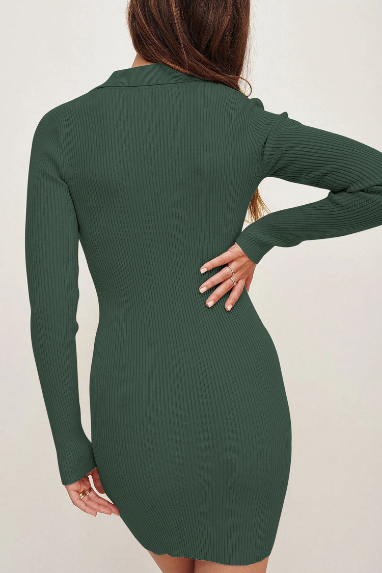Collared V Neck Rib Knit Long Sleeve Fitted Polo Mini Dress