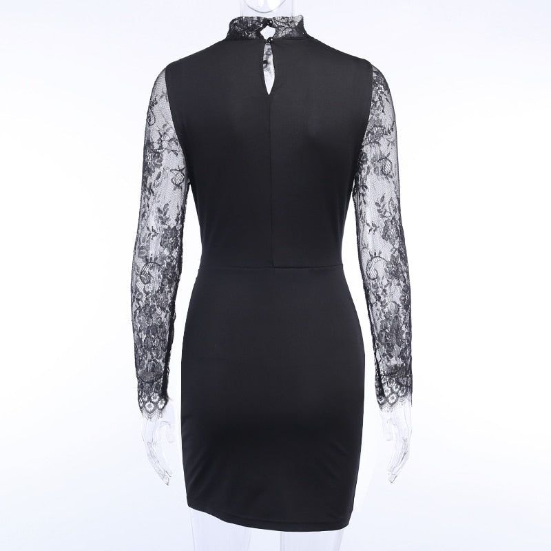 Mock Neck Lace Sleeve Ruched Wrap Bodycon Mini Dress
