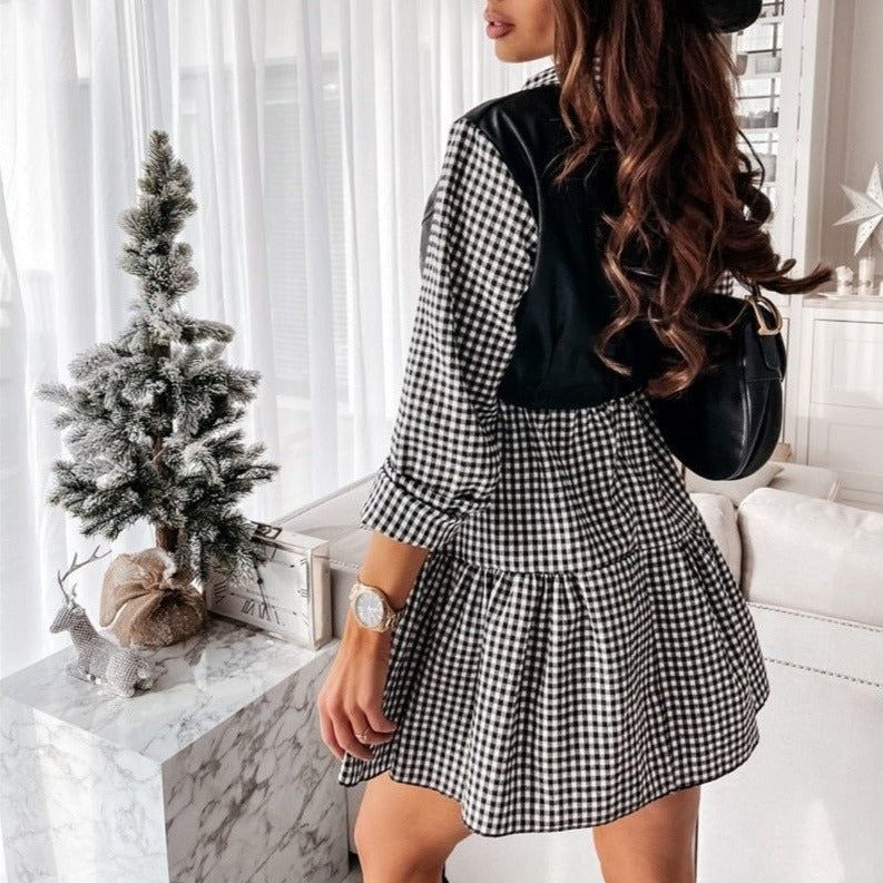 PU Leather Front Collared Long Sleeve Tiered Ruffle Mini Dress