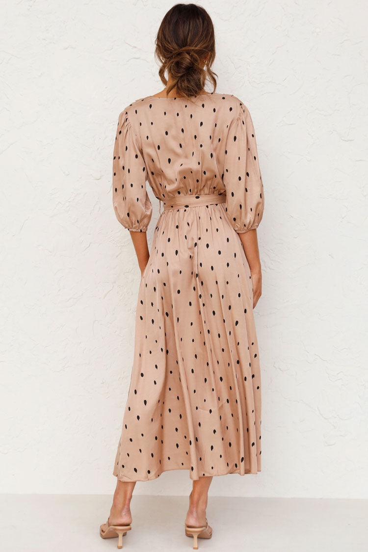 Polka Dot Wrap V Neck Puff Sleeve Self Tie High Slit Maxi Dress