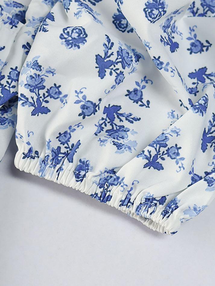 Square Neck Puff Sleeve Floral Print Smocked Keyhole Slit Midi Dress