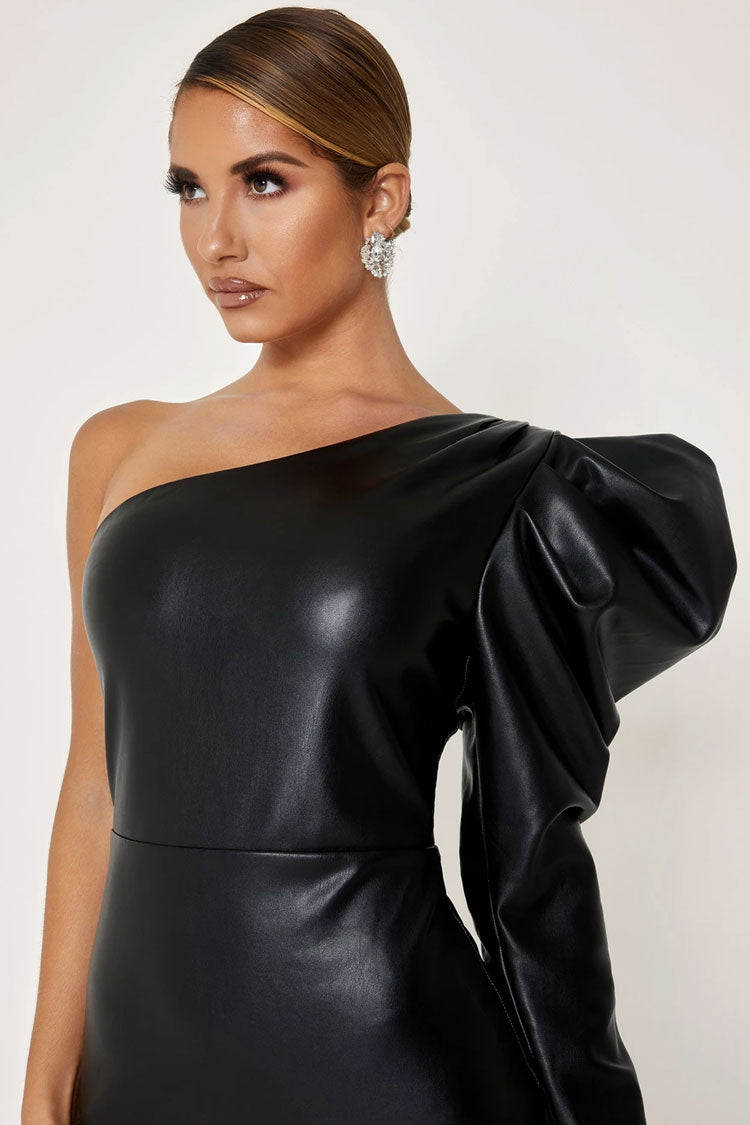 Faux Leather One Shoulder Puff Sleeve Bodycon Mini Dress