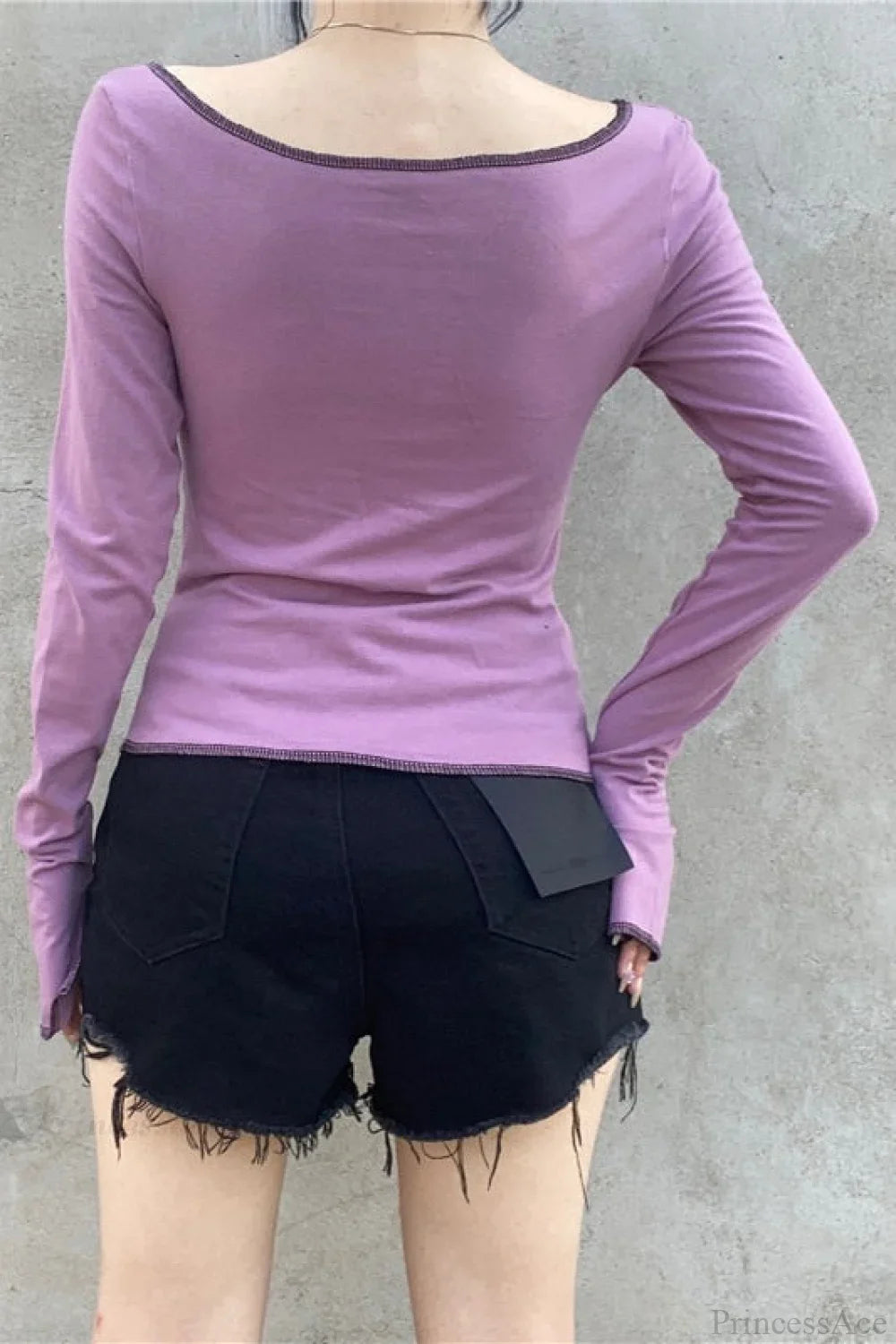 Purple Sexy Color Block Cutout Crew Neck Long Sleeve Tee
