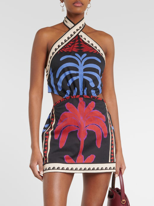 Halter Crossover Neck Tropical Palm Print Side Cutout Mini Dress