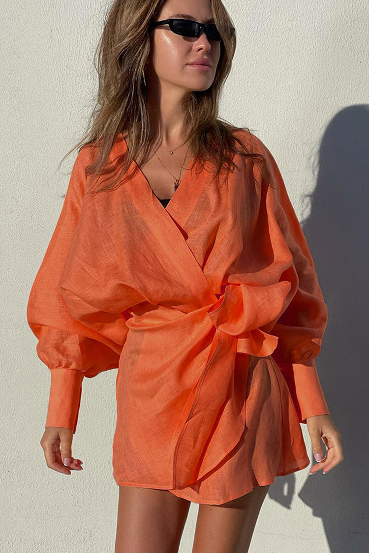 Linen Deep V-Neck Puff Sleeve Side Tie Wrap Mini Dress