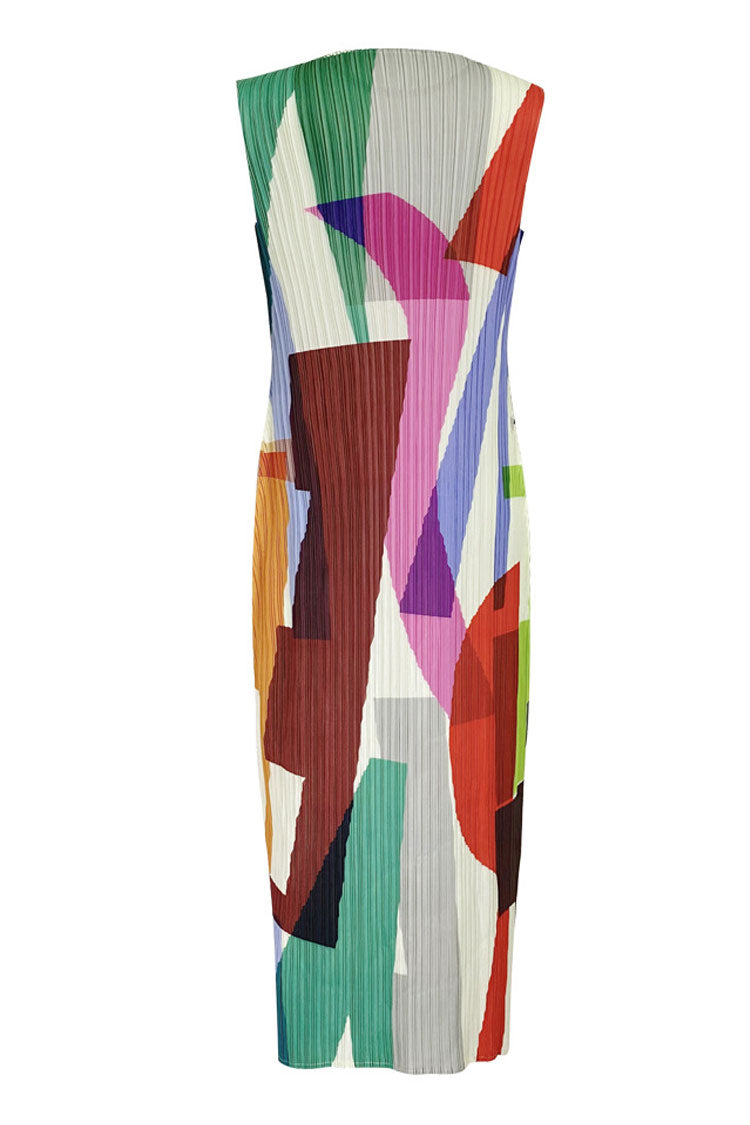 Geometric Print Plisse Crew Neck Sleeveless Column Midi Dress