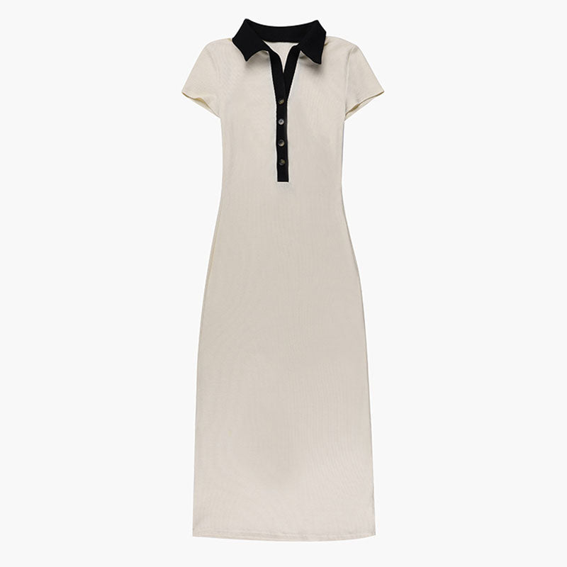 Polo Collar Contrast Trim Button Front Rib Knit Maxi Dress