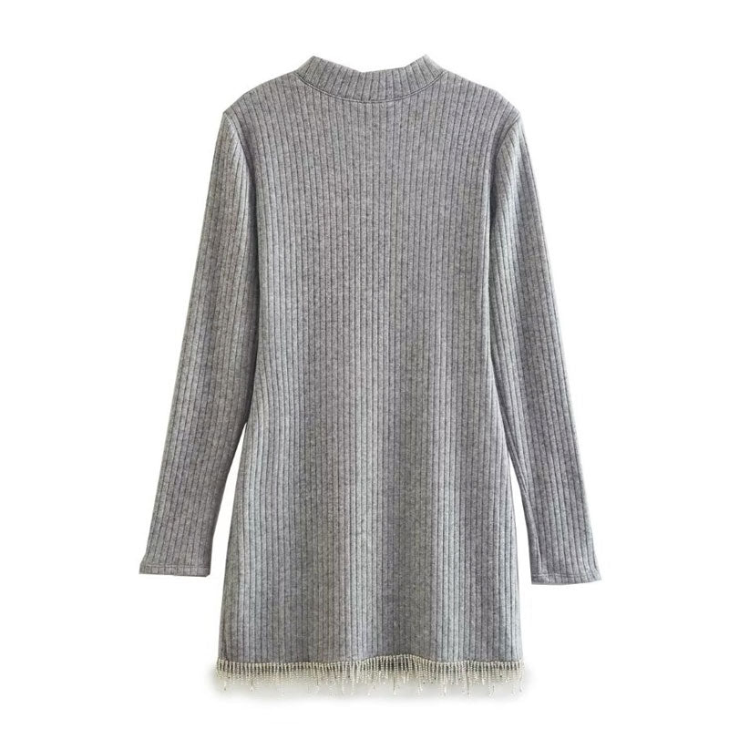 Crystal Fringe Trim Ribbed Knit Long Sleeve Mock Neck Sweater Mini Dress