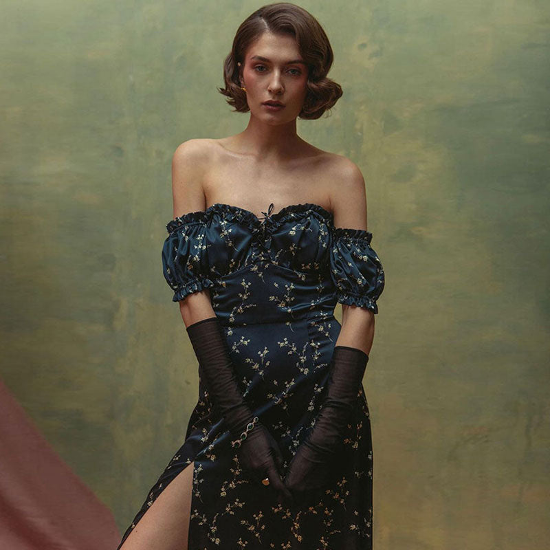Ruffle Off The Shoulder High Slit Floral Midi Dress