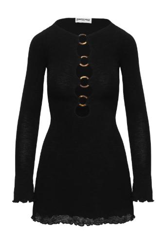 Crew Neck Long Sleeve Metal Ring Linked Cutout Ruffle Hem Mini Dress