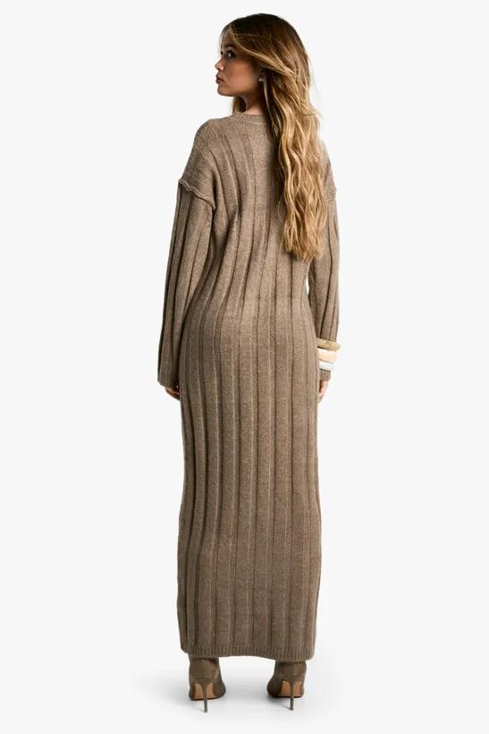 Crew Neck Ribbed Knit Side Slit Maxi Sweater Dress