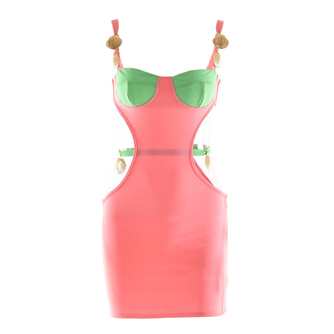 Shell Applique Sleeveless Waist Cutout Mini Dress