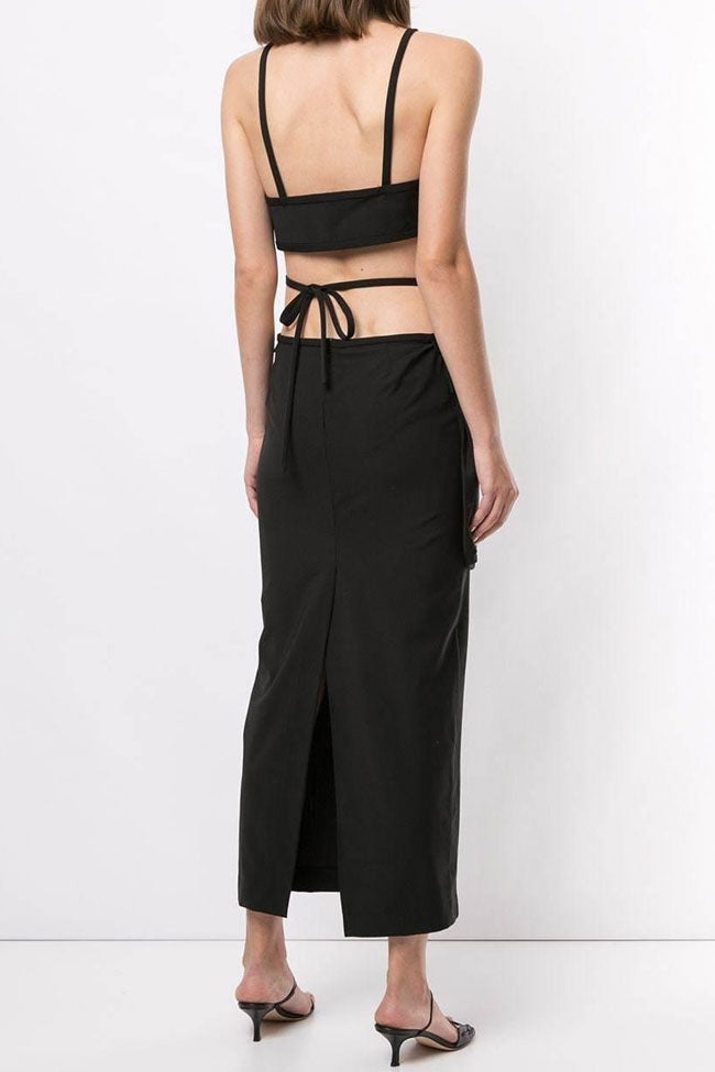 Spaghetti Strap Crisscross Midriff Cutout Flap Pocket Maxi Dress
