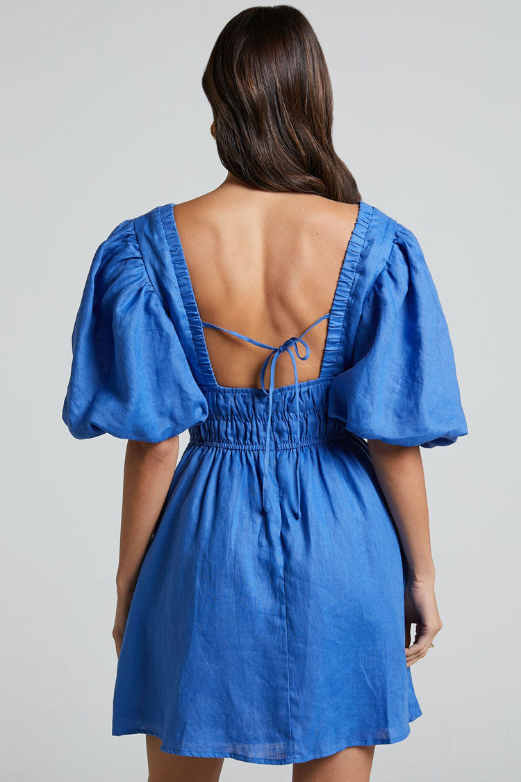Deep V-Neck Puff Sleeve Smocked Waist Linen Look Mini Dress