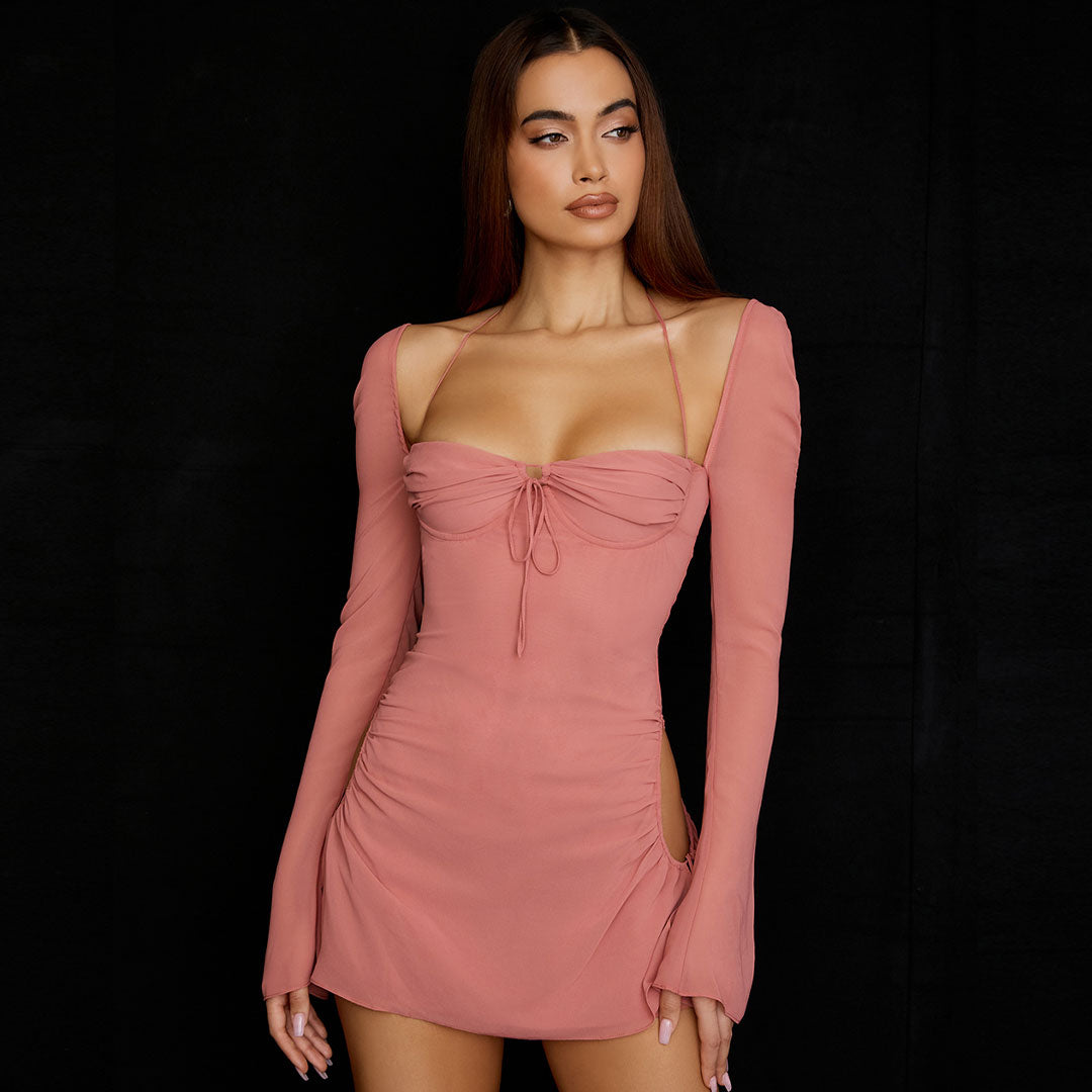 Halter Tie Strap Ruched Cutout Mesh Sleeve Club Mini Dress