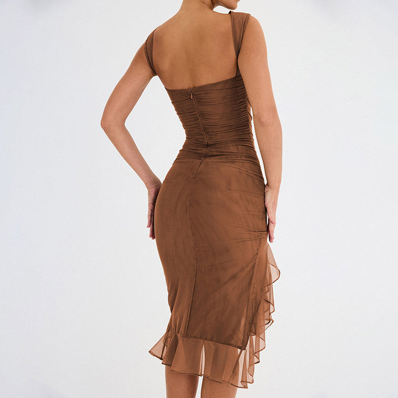 Crew Neck Sleeveless Mesh Horizontal Ruched Cascading Tiered Ruffle Hem Midi Dress