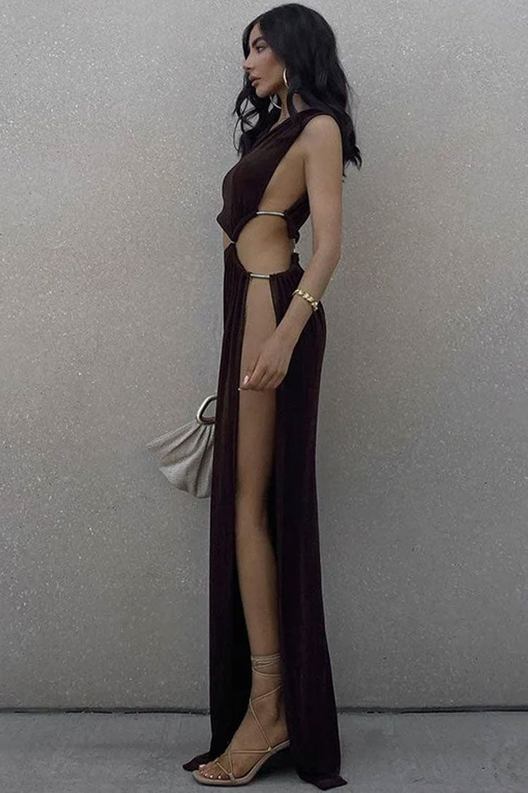 One Shoulder Crop Top Teardrop Cutout Ruched High Slit Maxi Skirt Set
