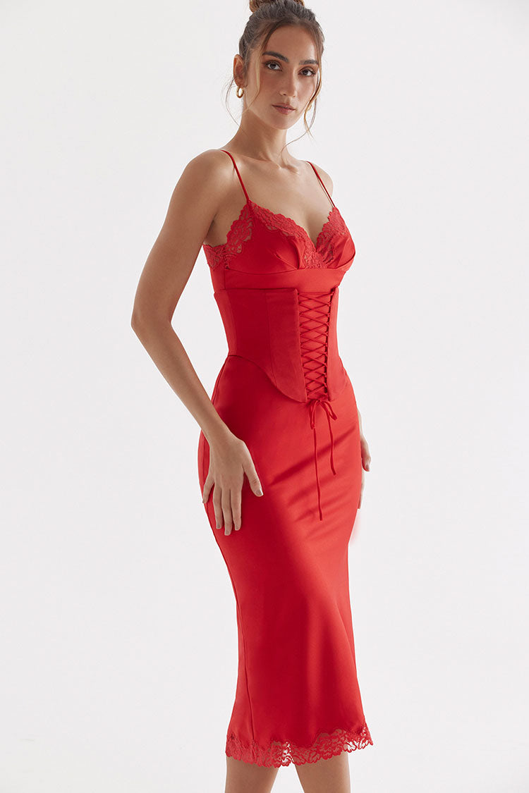 Lace Trim Lace Up Corset Waist Spaghetti Strap Slip Midi Dress