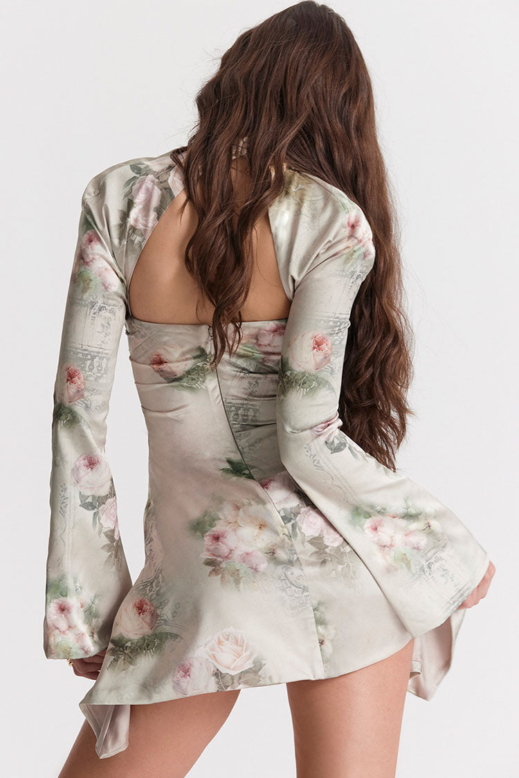Floral Print High Neck Chest Cutout Bell Sleeve Ruched Satin Mini Dress