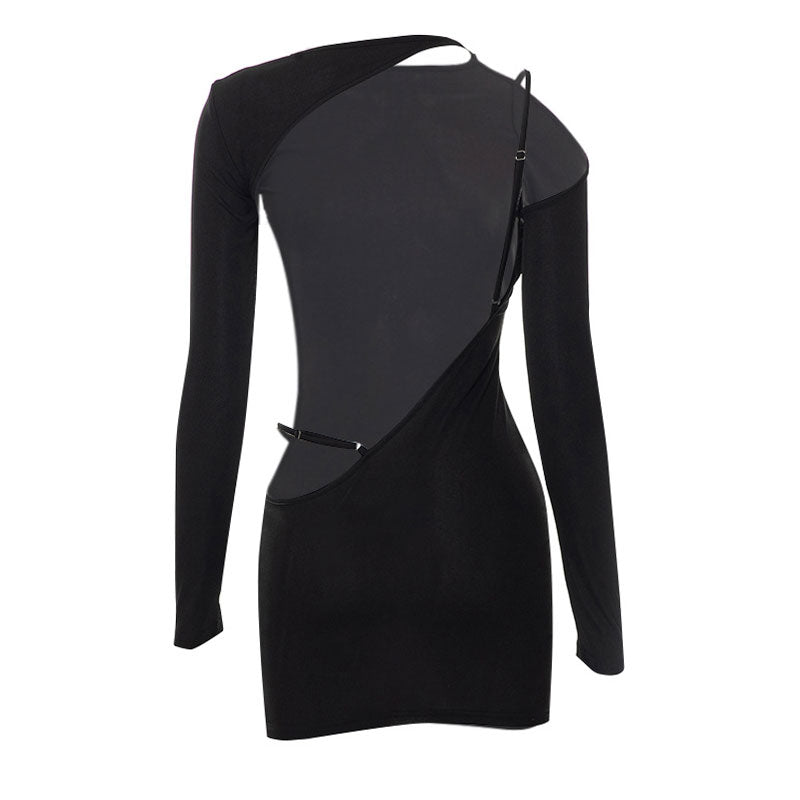 Long Sleeve Asymmetric Cutout Buckle Strap Backless Bodycon Mini Dress