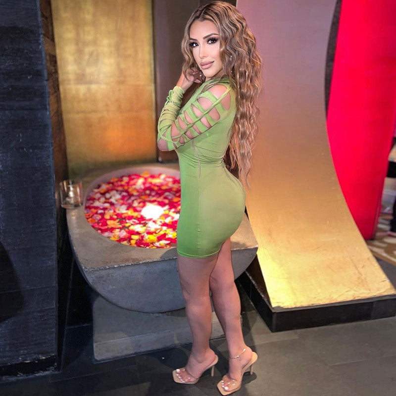 Slashed Ladder Cut Out Crew Neck Long Sleeve Bodycon Mini Dress 2