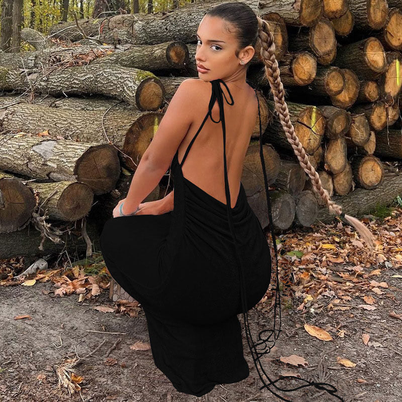 Tie Shoulder Cowl Neck Ruched Trim Backless Maxi Dress 2