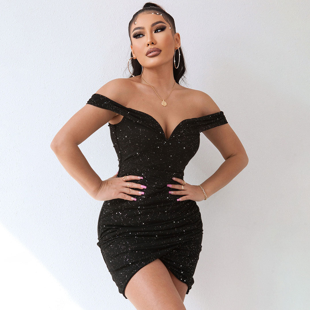 Black Off Shoulder Ruched Wrap Trim Bodycon Mini Dress